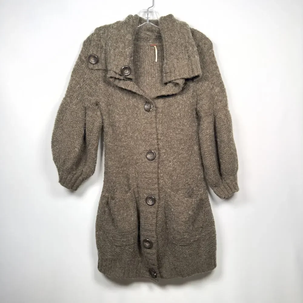 Free People Brown Bubble Sleeve Wool Blend Cardigan Sweater Women's Size S - Picture 1 of 7